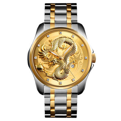 

SKMEI 9193 Dragon Totem Quartz Wristwatch Business Calendar Watch With Stainless Steel Strap For Men