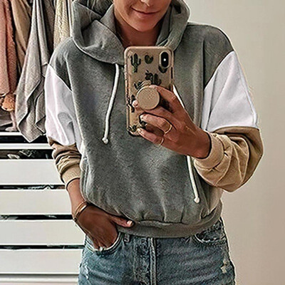 

New Fashion Women Hooded Sweater Casual Printed Stitching Color Long Sleeve Loose Tops Hoodies Coat