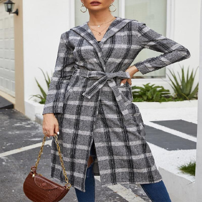 

Dual Pockets Hooded Strappy Grid Pattern Open Front Wrap Coat