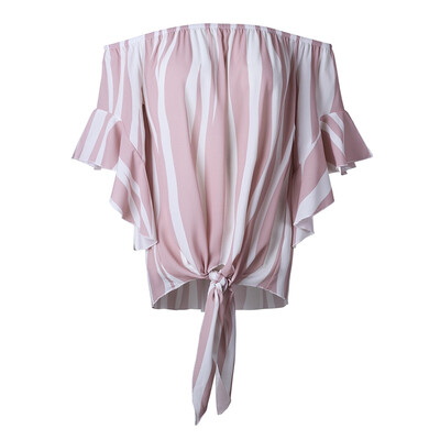 

Women Sexy Zebra Striped Print Off-The-Shoulder One Shoulder Collar Mid Sleeved Chiffon Shirt Tops