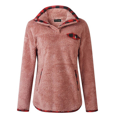 

Women Fashion Plaid Stitching Warm Hoodie Casual Loose Pocket Button Woolen Coat Sweater