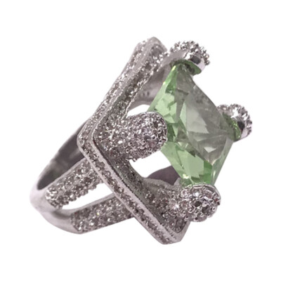 

Elegant 925 Silver Prehnite & White Topaz Ring Wedding Engagement Jewelry