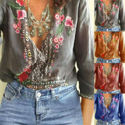 

Retro Women T-Shirt Embroidered Floral Tee V-Neck Long Sleeve Shirts Top Blouse