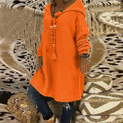 

Womens Casual Knit Pullover Sweater Loose Solid Color Hooded Long Sleeve Tops