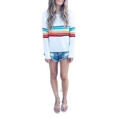 

Autumn Colorful Stripe Soft Basic T-shirt Women Long Sleeve Casual Tops