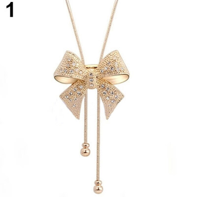 

New Elegant Sweet Dazzle Rhinestone Bowknot Pendant Long Necklace Sweater Chain
