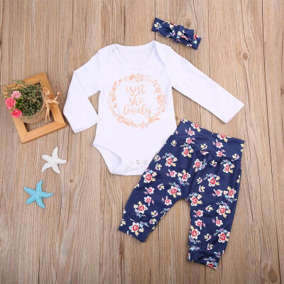 

3PCS Newborn Baby Girls Romper Floral Long PantsHeadband Set Outfits Clothes