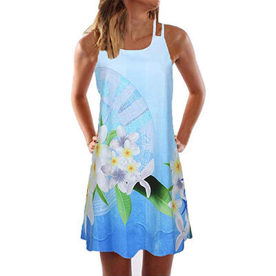 

Floral Print Straps Dresses Women O Neck Sleeveless A-line Loose Dress