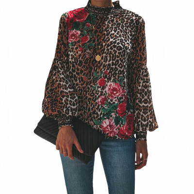 

High-neck long-sleeved shirt womens slim printed shirt