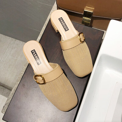 

Coarse-heeled sandals&slippers women wear 2019 new summer Joker knit Baotou half slippers square Mueller shoes heel