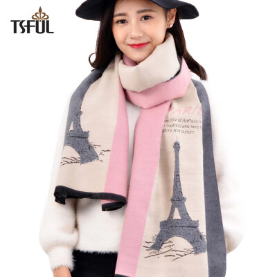 

Tsful scarf female winter shawl autumn winter bib dual-use warm thick print Korean fashion cloak TSO631WJA iron pink