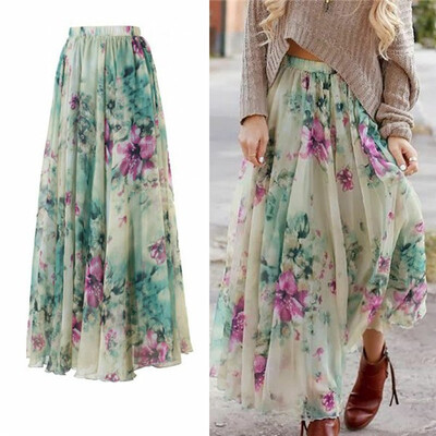 

Women Chiffon Floral High Waist Maxi Dress Skater Flared Pleated Long Skirt