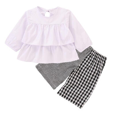 

2pcs Girls Baby Long Sleeve Pullovers Tops Stitching Plaid Pants Outfits
