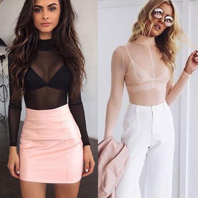 

Fashion Women Sexy Long Sleeve Shirt Casual Blouse Loose Mesh Sheer Tops T Shirt