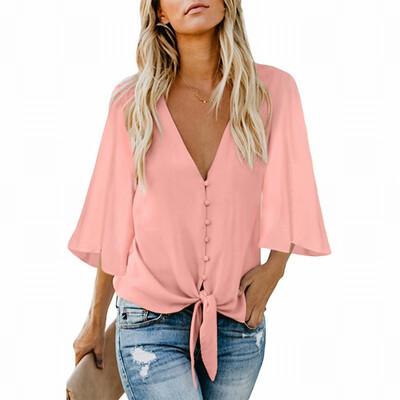 

Solid color shirt Womens V-neck long-sleeved buckle tie loose top