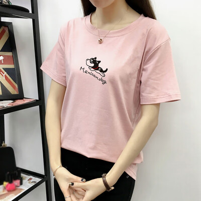 

Woman Dog Print Solid Tshirt T-shirt Summer Puppy Short Sleeve O-Neck Cotton Women Top Slim Fit Soft Women T-shirt