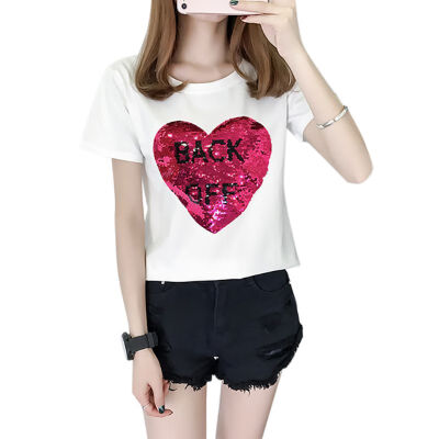 

Summer Fashion Letters Sequins Love Printed Women T shirt Casual Tee Top Round Collar Female T Shirt Short-Sleeved Woman Tops
