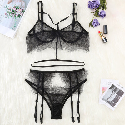 

Gobestart New Womens Lace Hollow Openwork Sexy Perspective Three-piece Set