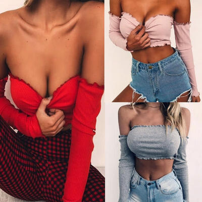 

Fashion New Women Slim Off Shoulder Shirt Crop Tops Long Sleeve Blouse Sweater