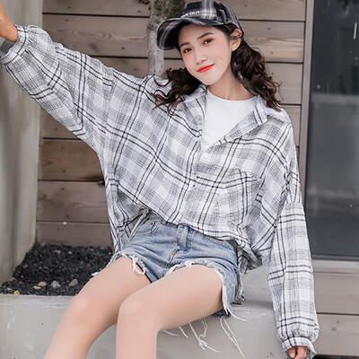 

Women Vintage Plaid Print Chiffon Shirt Loose Single-breasted Cotton Long Sleeve Lapel Blouse