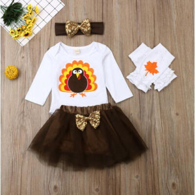 

4pcs Newborn Baby Girls Thanksgiving Turkey Romper Tops Party Tulle Skirt Outfit