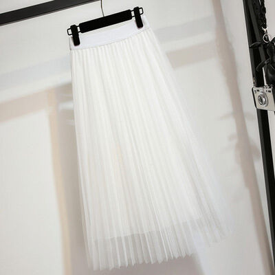 

Women Fashion High Waist Mesh Skirt Knee-length Tulle Skirt Female Sweet Midi Pleated Skirts