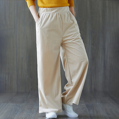 

2019 Women Elastic Waist Casual Solid Wide Leg Trousers Cotton Loose Pants Plus