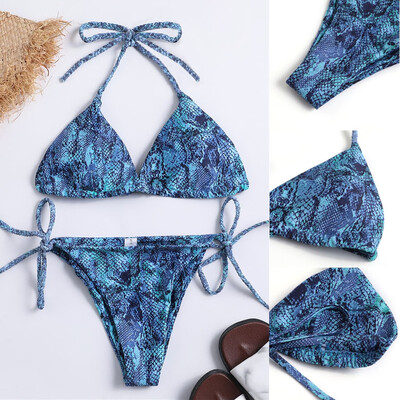 

Saidsome Women Snake Print Padded Bra Beach Strappy Bandage Halter Bikini Set Swimsuit