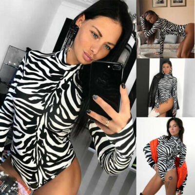 

Ladies Animal Print Bodysuit Womens Zebra Long Sleeve Stretch Leotard Top -XL