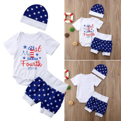 

3Pcs Independence Day-My First Fourth of July Baby Romper Bodysuit PantsHat Outfit Clothes Set White 0-6
