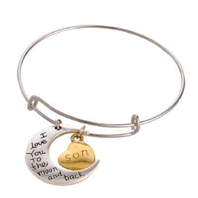 

Moon And Back Bangles For Mom Engraved Letters Women Metal Ethnic Silver Color Moon Star Pendant Bracelet