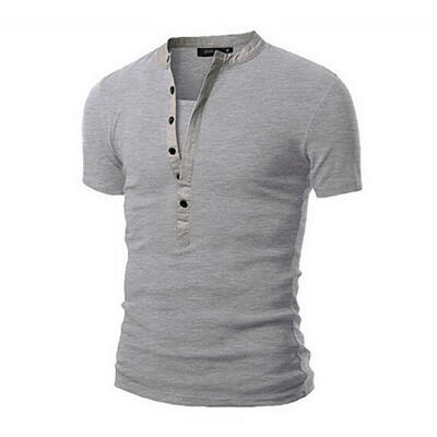 

Fashion Breathable Slim Elastic Splicing Multi-Button Round Neck Short Sleeve Mens T-Shirt Tee Top