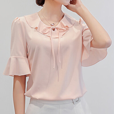 

Starmoon Women Summer Korean Solid Color V Neck Short Sleeve Chiffon Blouse Top