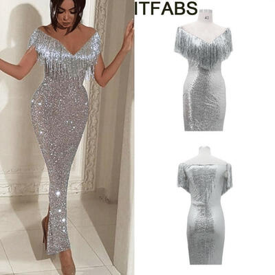 

2019Women Sexy Deep-V Bodycon Dress Off Shoulder Long Sleeve Cocktail Midi Dress