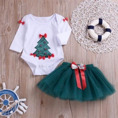 

Baby Christmas Tree Print Clothes Long Sleeve Bodysuit Tutu Lace Skirt 2pcs Xmas Outfits