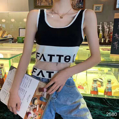 

Fashion New Summer Wear Navel Mesh Stitching Wild Knit Camisole Letter Print Sleeveless Shirt Women