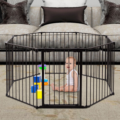 

8 Panel Metal Gate Baby Pet Fence Safe Playpen Barrier-Black