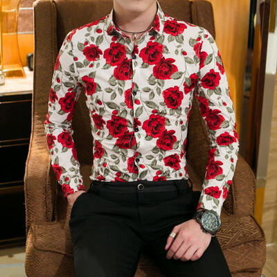 

New Men Linen Shirt Fashion Casual Unique Skull Rose Print High Quality Camisas Hombre Men Long-sleeved Flower Shirt