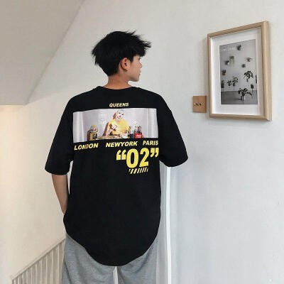 

Summer New Five-point Sleeve Loose Hong Kong Half-sleeved T-shirt Round Neck Youth Seven-point Sleeves Mens Direct Whol