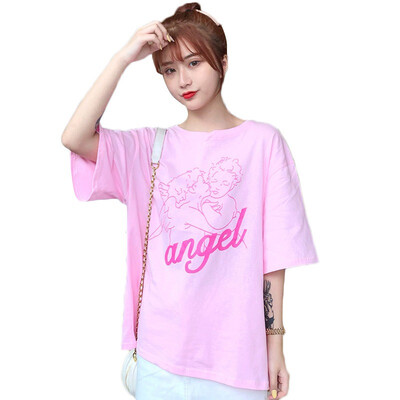 

Women Summer Round Collar Cartoon Print Loose Short Sleeve Cotton Regular Sleeve Casual T-Shirt Simple Wild Tops