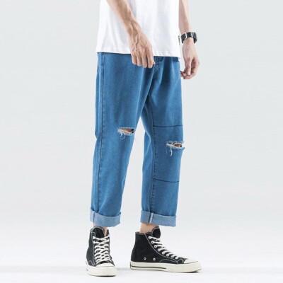 

Gobestart Mens Loose Denim Cotton Straight Hole Trouser Distressed Jeans Long Pants