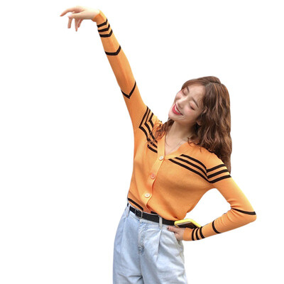 

Sweater Cardigans Women V-neck Striped Long Sleeve Slim Sweater Short Knit Casual Autumn Wild Female Cardigans