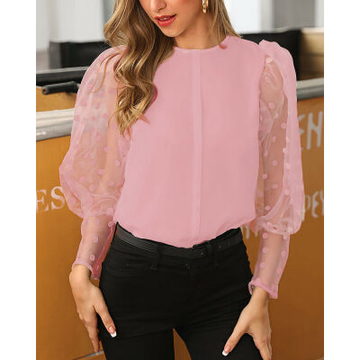 

Hot Women See-through Sheer Mesh Dot Blouse Puff Long Sleeve T-shirt Tops Shirts