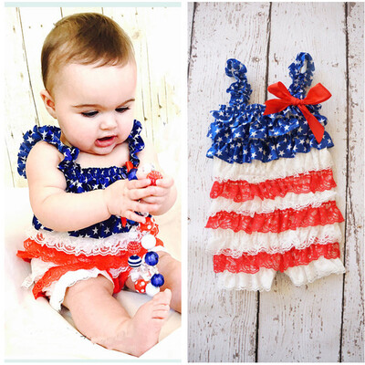 

Infant Baby Kids Ruffle Lace Stars Striped 4th Of July Romper Jumpsuit Outfit