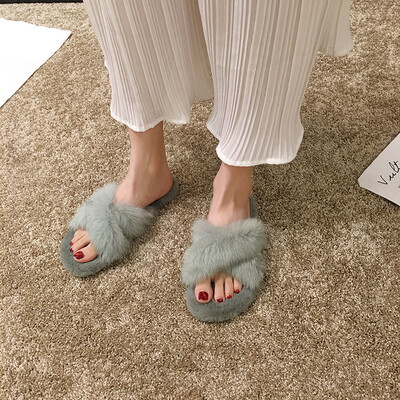 

Hairy slippers women wear summer Korean version fashion open-toed society flat bottom cross word drag