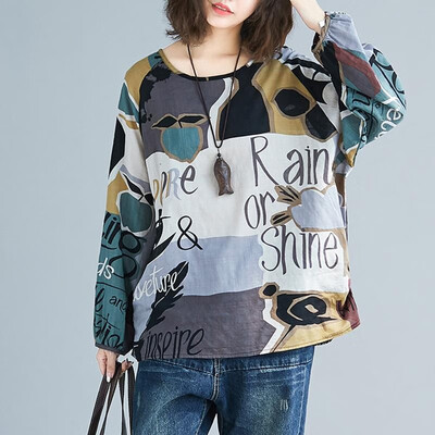

Women Vintage Loose Blouse Printed Raglan Long Sleeves Oversized Plus Size Cotton Linen Spring Autumn Casual Tops