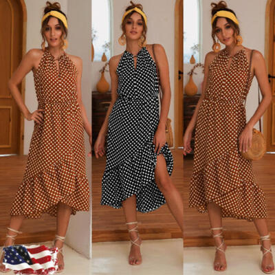 

Women Polkadot Boho Dress Summer Beach Cocktail Party Long Ruffle Sundress USA