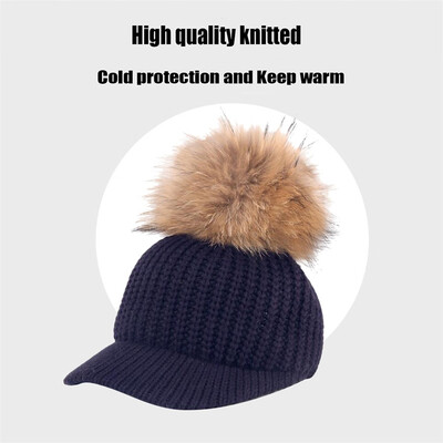 

Tailored Women Autumn Winter Outdoor Warm Fur Ball Hats Crochet Knit Holey Beanie Cap