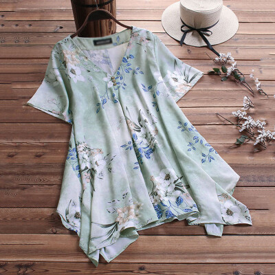 

Womens Floral Printed Irregular Hem Deep V Loose Chiffon Short Sleeve Top Shirt