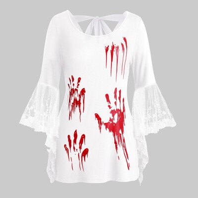 

Roseonmyhand Women Plus Size Halloween Lace Flare Sleeve Blood Hands Print Back Knotted Top